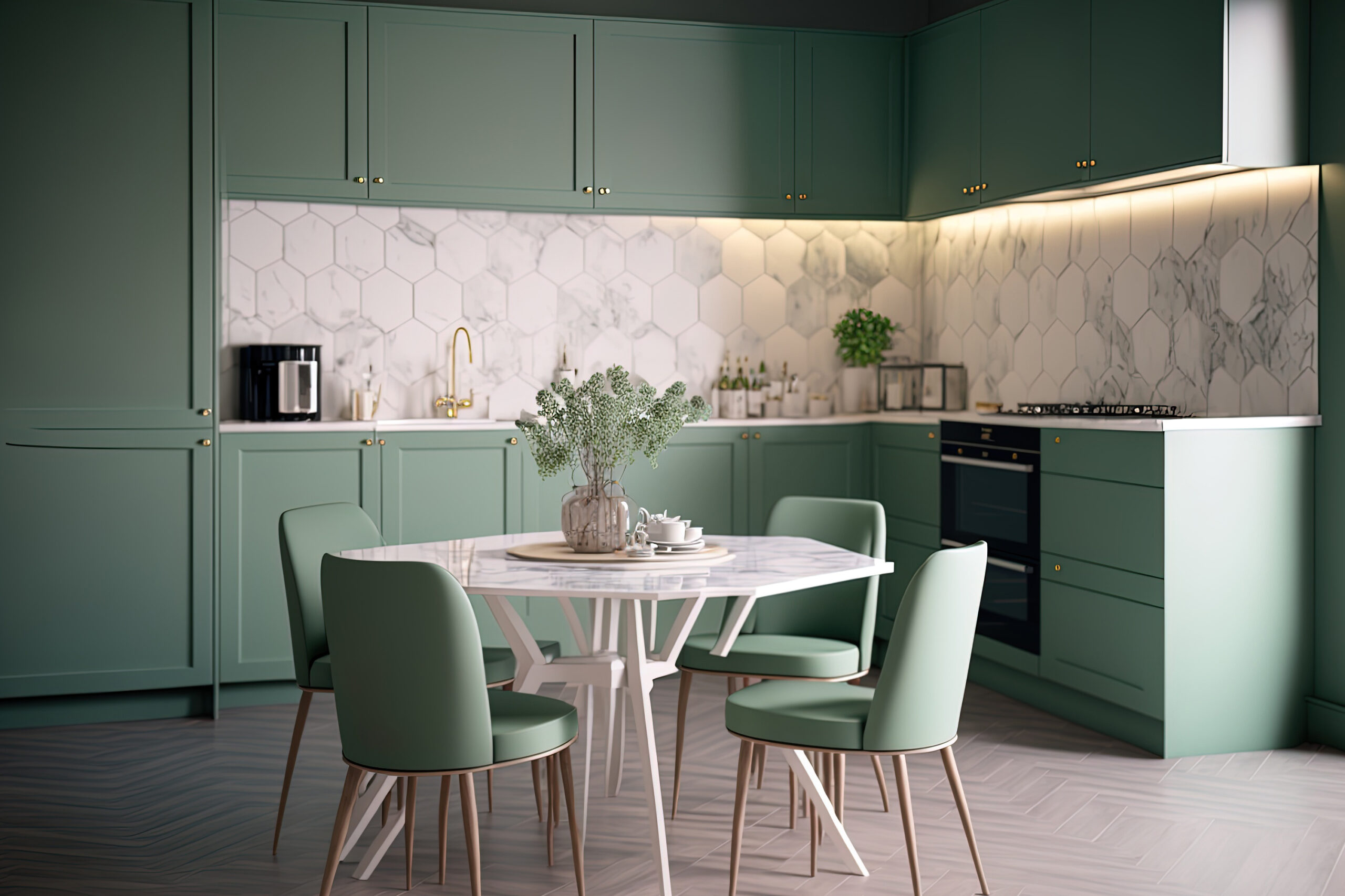 White dining table and chairs in a contemporary kitchen space with a gorgeous sage green cabinet and chic marble wall tiles in a hexagonal design, Kitchenware, a stovetop